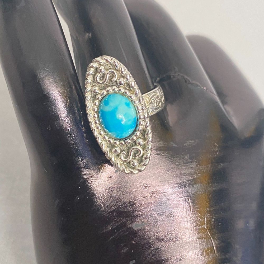 💎Sarah Coventry Aqua Blue Oval Stone Ring Silver Tone Marquise Shape 7